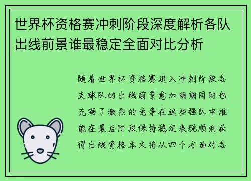 世界杯资格赛冲刺阶段深度解析各队出线前景谁最稳定全面对比分析