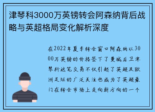 津琴科3000万英镑转会阿森纳背后战略与英超格局变化解析深度